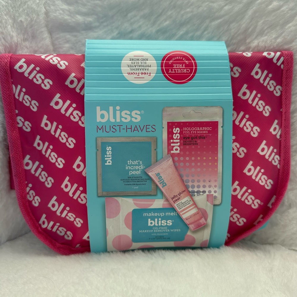 BLISS Must-Haves Set: jelly glow peel, makeup melt, incredi-peel, eye got this